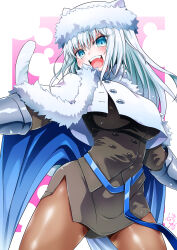 Rule 34 | 1girl, blue eyes, breasts, brown pantyhose, cat tail, dobrynya nikitich (fate), dobrynya nikitich (first ascension) (fate), dress, fate/grand order, fate (series), fur-trimmed headwear, fur trim, grey dress, highres, large breasts, long hair, pantyhose, shirogane (cufsser), tail, white hair