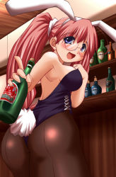 Rule 34 | 1girl, alcohol, animal ears, ass, bar (place), breasts, champagne, fake animal ears, glasses, large breasts, leotard, log-mi (tonpuu), long hair, original, pantyhose, pink hair, playboy bunny, ponytail, purple eyes, rabbit ears, rabbit tail, red hair, smile, solo, tail, tonpuu, twintails