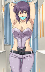 Rule 34 | 1girl, absurdres, arms behind head, belt, black belt, bound, breasts, gag, gagged, ghost in the shell, highres, improvised gag, kusanagi motoko, long hair, lost one zero, medium breasts, purple hair, red eyes, restrained, solo, tape, tape gag