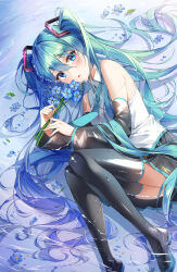 Rule 34 | 1girl, absurdres, aqua necktie, bare shoulders, bingyam, black skirt, black sleeves, black thighhighs, blue eyes, blue flower, boots, collared shirt, detached sleeves, flower, foot out of frame, green hair, hair between eyes, hatsune miku, highres, holding, holding flower, knees together feet apart, leaf, legs, long hair, long sleeves, lying, lying on water, miniskirt, necktie, on side, open mouth, petals, pleated skirt, shallow water, shirt, sidelocks, skirt, sleeveless, sleeveless shirt, sparkle, thigh boots, thighhighs, thighs, twintails, very long hair, vocaloid, water, wet, wet clothes, wet hair, white shirt, wide sleeves