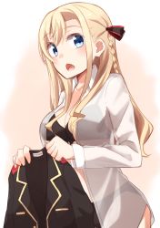 Rule 34 | 1girl, bad id, bad pixiv id, blonde hair, blue eyes, blush, braid, breasts, cleavage, commentary request, high school fleet, highres, kapatarou, large breasts, long hair, long sleeves, looking at viewer, military, military uniform, open mouth, school uniform, single braid, solo, uniform, wilhelmina braunschweig ingenohl friedeburg