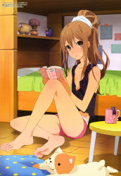 Rule 34 | 10s, 1girl, absurdres, alternate hairstyle, barefoot, bed, black shirt, blouse, book, brown eyes, brown hair, feet, flat chest, hair up, highres, iizuka haruko, legs, long hair, long legs, megami magazine, no bra, non-web source, official art, ookami-san, ookami ryouko, open clothes, open shirt, ponytail, shirt, shorts, soles, solo, toes, wet