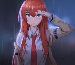 Rule 34 | 1girl, blue eyes, blush, brown coat, coat, collared shirt, hair between eyes, highres, long hair, long sleeves, looking at viewer, makise kurisu, necktie, outdoors, parted lips, rain, red hair, red necktie, rjh5820, shirt, solo, steins;gate, straight hair, upper body, very long hair, wet, wet clothes, wet shirt, white shirt, wing collar