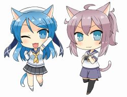 Rule 34 | 10s, 2girls, :3, :d, ;3, ;d, ahoge, animal ears, aoba (kancolle), bad id, bad pixiv id, black legwear, blue eyes, blue hair, camera, cat ears, cat tail, chibi, commentary request, double bun, elbow gloves, gloves, hair bun, hat, highres, holding, kantai collection, kemonomimi mode, long hair, looking at viewer, multiple girls, one eye closed, open mouth, pleated skirt, ponytail, purple hair, school uniform, serafuku, shorts, simple background, skirt, smile, soba (sobaya1938), tail, thighhighs, urakaze (kancolle), waving, white background, white gloves, white hat, zettai ryouiki