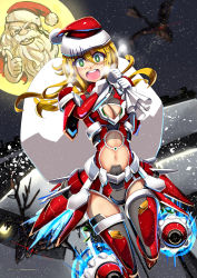 Rule 34 | 1boy, 1girl, bag, blonde hair, blush, bodysuit, boots, breasts, bright pupils, chasing, christmas, cleavage, dated, glowing, glowing eyes, glowing hair, green eyes, hat, highres, holding, holding bag, i.takashi, long hair, mecha musume, navel, old, old man, open mouth, original, red eyes, reindeer, santa claus, santa hat, scared, screaming, solo focus, thigh boots, thighhighs, thumbs up, white pupils
