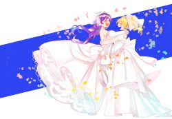 Rule 34 | 2girls, :d, arms around neck, ayase eli, blonde hair, blush, bow, breast press, breasts, bridal veil, bride, dress, dress flower, earrings, elbow gloves, closed eyes, gloves, happy, high ponytail, highres, hug, jewelry, large breasts, long hair, love live!, love live! school idol project, low twintails, multiple girls, open mouth, petals, ponytail, purple hair, scrunchie, shima (mahirooon), smile, symmetrical docking, tiara, tojo nozomi, twintails, veil, wedding, wedding dress, wife and wife, yuri