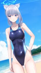 Rule 34 | 1girl, absurdres, adjusting clothes, adjusting swimsuit, animal ear fluff, animal ears, beach, black one-piece swimsuit, blue archive, blue eyes, blue sky, breasts, cloud, competition swimsuit, covered navel, cross hair ornament, day, dutch angle, extra ears, grey hair, hair ornament, halo, highres, horizon, low ponytail, medium breasts, medium hair, mismatched pupils, multicolored clothes, multicolored swimsuit, nishinomiya suzu, ocean, official alternate costume, one-piece swimsuit, outdoors, shiroko (blue archive), shiroko (swimsuit) (blue archive), sky, solo, swimsuit, wet, wet clothes, wet swimsuit, wolf ears