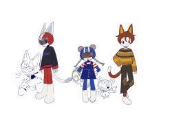 Rule 34 | 1girl, 2boys, :|, ;3, ^^^, agent s (animal crossing), animal crossing, animal ears, arm at side, arms at sides, black eyes, black pants, black sweater, blue headwear, blue legwear, blunt ends, body fur, boots, braid, brown hair, buck teeth, cat boy, cat ears, cat tail, cellphone, chibi, chinese commentary, closed eyes, closed mouth, clothes writing, colored sclera, commentary request, cropped torso, denim, dot nose, ears through headwear, expressionless, facing viewer, fang, from side, full body, furry, furry female, furry male, guu (hakahonoo), hair between eyes, hand in pocket, hand up, hands on own hips, helmet, high collar, holding, holding phone, jitome, kid cat (animal crossing), knee boots, leg up, legs together, long hair, long sleeves, looking at viewer, looking to the side, low twintails, motorcycle helmet, multiple boys, multiple views, nintendo, no pupils, official style, one eye closed, open mouth, outstretched arm, overall skirt, overalls, pants, partially colored, patch, patchwork clothes, phone, red headwear, red legwear, rudy (animal crossing), selfie, shirt, short sleeves, simple background, sketch, sleeves past wrists, smartphone, smile, squirrel ears, squirrel girl, squirrel tail, standing, straight-on, striped clothes, striped shirt, striped sweater, sweat, sweater, t-shirt, tail, tareme, teeth, turtleneck, twin braids, twintails, u u, upper body, v, white background, white footwear, white fur, yellow sclera
