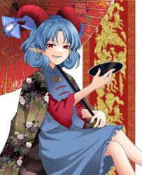 Rule 34 | 1girl, alternate hair color, blue hair, blue shirt, blue skirt, checkered coat, coat, commentary request, cup, earrings, feet out of frame, floral print, grin, happi, highres, holding, hoop earrings, horizontal pupils, horns, japanese clothes, jewelry, looking at viewer, oil-paper umbrella, oni tama, peony print, pointy ears, print coat, red eyes, red horns, red sleeves, red umbrella, sakazuki, sharp teeth, sheep horns, shirt, short hair, skirt, smile, solo, teeth, touhou, toutetsu yuuma, umbrella, unmoving pattern