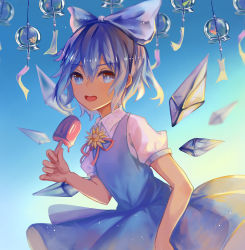 Rule 34 | 1girl, :d, blue bow, blue dress, blue eyes, blue hair, blue sky, bow, cirno, collared shirt, day, dress, flower, food, gradient background, hair between eyes, hair bow, hand up, hidden star in four seasons, highres, holding, ice, ice wings, looking at viewer, mi shi, neck ribbon, open mouth, outdoors, popsicle, puffy short sleeves, puffy sleeves, red ribbon, ribbon, shirt, short hair, short sleeves, sky, smile, solo, standing, sunflower, teeth, touhou, upper body, upper teeth only, white shirt, wind chime, wings, yellow flower