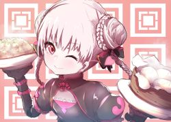 Rule 34 | 10s, 1girl, ;), absurdres, bad id, bad twitter id, bamboo steamer, baozi, black bow, black dress, black gloves, blush, bow, bowl, braid, braided bun, brown hair, china dress, chinese clothes, closed mouth, commentary request, doll joints, double bun, dress, elbow gloves, fate/extra, fate (series), food, fried rice, frilled dress, frills, gloves, hair bow, hair bun, hands up, head tilt, heart, highres, holding, holding bowl, joints, long hair, looking at viewer, nursery rhyme (fate), one eye closed, puffy short sleeves, puffy sleeves, short sleeves, side bun, smile, solo, twin braids, twintails, upper body, wada kazu