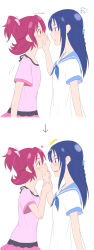 Rule 34 | 2girls, ^^^, aida mana, arrow (symbol), blouse, blue hair, blue sailor collar, blush, couple, covering own mouth, dokidoki! precure, eye contact, hand on another&#039;s face, highres, hishikawa rikka, holding another&#039;s wrist, holding hands, licking, licking hand, long hair, looking at another, minu, multiple girls, pink hair, pink shirt, precure, profile, sailor collar, shirt, short hair, simple background, tongue, white background, yuri