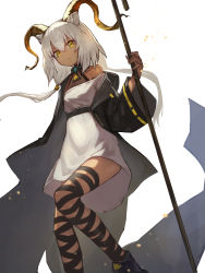 Rule 34 | 1girl, aito, animal ears, arknights, beeswax (arknights), black coat, black footwear, coat, dark-skinned female, dark skin, dress, feet out of frame, goat ears, goat girl, goat horns, hair between eyes, highres, holding, holding staff, horns, leg wrap, long hair, looking at viewer, low twintails, off-shoulder dress, off shoulder, open clothes, open coat, simple background, solo, staff, twintails, white background, white dress, white hair, yellow eyes