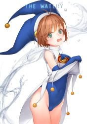 Rule 34 | 1girl, antenna hair, brown hair, card, cardcaptor sakura, clothes lift, clow card, elbow gloves, female focus, gloves, green eyes, hat, highres, holding, holding card, jester, jester cap, kinomoto sakura, leotard, leotard under clothes, looking at viewer, magical girl, open mouth, short hair, simple background, skirt, skirt lift, solo, water, white background, yomena
