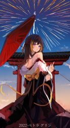 Rule 34 | 1girl, 2022, absurdres, bare shoulders, bird girl, black kimono, blue eyes, blush, bow, breasts, character name, evening, fireworks, from behind, happy new year, highres, holding, holding umbrella, japanese clothes, kimono, large bow, large breasts, long hair, looking afar, multicolored clothes, multicolored kimono, naokomama, new year, nijisanji, nijisanji en, off shoulder, oil-paper umbrella, penguin girl, petra gurin, red kimono, solo, torii, umbrella, virtual youtuber, yellow bow