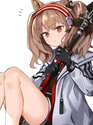 Rule 34 | 1girl, angelina (arknights), animal ears, arknights, black gloves, blush, brown eyes, brown hair, commentary, feet out of frame, fox ears, gloves, grey jacket, hairband, holding, holding staff, jacket, knees up, long hair, long sleeves, looking at viewer, poyano, red hairband, simple background, sitting, smile, solo, staff, thighs, twintails, white background