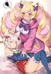 Rule 34 | 2girls, ahoge, amagasa yun, animal ear fluff, animal ears, ass, bell, blonde hair, blue shirt, blue sleeves, blue thighhighs, blush, bow, breasts, cat ears, cat girl, cat tail, center frills, closed eyes, closed mouth, commentary request, detached sleeves, fang, fang out, feet out of frame, frilled skirt, frills, hair bell, hair bow, hair ornament, hair ribbon, highres, hood, hood down, hooded jacket, howan (show by rock!!), jacket, jingle bell, long hair, long sleeves, mashima himeko (show by rock!!), medium breasts, multicolored hair, multiple girls, neckerchief, nose blush, parted lips, pink hair, pink jacket, pink skirt, pleated skirt, purple bow, red ribbon, red skirt, ribbon, ribbon-trimmed legwear, ribbon-trimmed sleeves, ribbon trim, sailor collar, shirt, show by rock!!, silver hair, skirt, sleeveless, sleeveless shirt, small breasts, spoken squiggle, squiggle, tail, thighhighs, twintails, two-tone hair, v-shaped eyebrows, very long hair, wavy mouth, white sailor collar, white shirt, wolf ears, wolf girl, wolf tail, yellow neckerchief