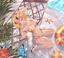 Rule 34 | 1girl, :d, absurdres, arm up, armband, beach, bikini, blonde hair, blue eyes, blush, breasts, bug, butterfly, checkered bikini, checkered clothes, cleavage, collarbone, eyewear on head, flower, from above, hair ornament, hammock, hibiscus, highres, hololive, hololive english, honkivampy, innertube, insect, large breasts, layered bikini, light particles, looking at viewer, lower teeth only, medium hair, monocle, navel, o-ring, o-ring top, ocean, open mouth, outdoors, red flower, single strap, sitting, smile, solo, sparkle, starfish, swim ring, swimsuit, teeth, toeless legwear, towel, virtual youtuber, wariza, water, watson amelia