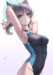 Rule 34 | 1girl, animal ear fluff, animal ears, arms behind head, black one-piece swimsuit, blue archive, blue eyes, breasts, competition swimsuit, covered navel, cross hair ornament, curry bowl, extra ears, grey hair, hair ornament, halo, highres, holding, holding hair, looking at viewer, low ponytail, medium breasts, medium hair, mismatched pupils, multicolored clothes, multicolored swimsuit, official alternate costume, one-piece swimsuit, rubber band, shiroko (blue archive), shiroko (swimsuit) (blue archive), simple background, solo, swimsuit, wet, wet clothes, wet swimsuit, white background, wolf ears