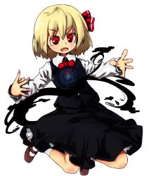 Rule 34 | 1girl, black cloud, blonde hair, dark, darkness, embodiment of scarlet devil, fang, female focus, full body, highres, magic, mary janes, md5 mismatch, murani, nail polish, night, pink nails, red eyes, ribbon, rumia, shadow, shoes, short hair, simple background, solo, touhou, white background