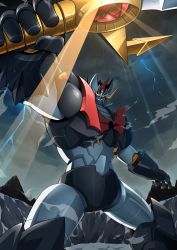 Rule 34 | cloud, cloudy sky, gamiani zero, highres, lightning, looking at viewer, mazinger (series), mazinkaiser, mazinkaiser (robot), mecha, mountain, no humans, open hand, robot, science fiction, sky, solo, super robot, yellow eyes