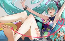 Rule 34 | 1girl, aqua eyes, aqua hair, arm up, bare arms, barefoot, black skirt, character doll, commentary, dated, floating hair, food, grey background, hair ornament, hatsune miku, headphones, highres, holding, holding food, holding spring onion, holding vegetable, leg tattoo, long hair, miku day, miniskirt, multicolored clothes, one eye closed, open mouth, outstretched arm, scrunchie, shirt, sitting, skirt, sleeveless, sleeveless shirt, smile, solo, spring onion, string, string of fate, tattoo, tell your world (vocaloid), twintails, vegetable, very long hair, vocaloid, wrist scrunchie, yukihira makoto