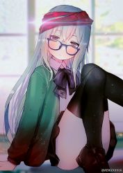 Rule 34 | 1girl, alternate costume, ass, bad id, bad pixiv id, black thighhighs, blue-framed eyewear, blurry, blush, brown eyes, brown footwear, closed mouth, collared shirt, confetti, convenient leg, crossed bangs, depth of field, diffraction spikes, g11 (girls&#039; frontline), girls&#039; frontline, glasses, green jacket, hair between eyes, hanato (seonoaiko), head tilt, jacket, knees up, lens flare, loafers, long hair, looking at viewer, neck ribbon, open clothes, open jacket, ribbon, scarf, scarf on head, school uniform, shirt, shoes, sidelocks, silver hair, sitting, skirt, solo, sparkle, thighhighs, thighs, twitter username, very long hair, white shirt, window