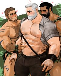Rule 34 | 3boys, abs, arm hair, arm tattoo, bag, bara, bare pectorals, beard, biceps, black hair, blush, brown hair, chest hair, collared shirt, dirty, dirty clothes, dirty face, dopey (dopq), closed eyes, facial hair, facial tattoo, forest, hairy, hand on another&#039;s stomach, hand on another&#039;s waist, heart, highres, large pectorals, leaf, loincloth, looking at another, male focus, manly, mature male, multicolored hair, multiple boys, muscular, muscular male, nature, navel, nipples, open clothes, open shirt, original, outdoors, pants, pectorals, pointy ears, shirt, smile, tan, tattoo, teeth, thick arms, thick eyebrows, thick thighs, thighs, tribal, tribal tattoo, white hair, wristband