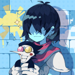 Rule 34 | 1boy, 1other, :|, androgynous, antenna hair, armor, black hair, blue hair, blue scarf, blue skin, blush stickers, brick wall, carrying, carrying person, closed mouth, colored skin, commentary request, crack, crossed bangs, deltarune, drop shadow, expressionless, facing viewer, gloves, grin, highres, kris (deltarune), nikorashi-ka, no eyes, no nose, pauldrons, pink-tinted eyewear, pink scarf, pointy nose, portrait, round eyewear, scarf, shaded face, short hair, shoulder armor, smile, spamton g. spamton, sparkle, sunglasses, tinted eyewear, two-tone scarf, white gloves, white skin, yellow-tinted eyewear