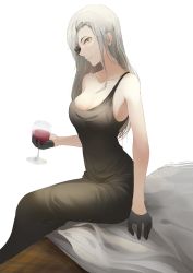 Rule 34 | 1girl, alchemist (girls&#039; frontline), bare shoulders, bed, black dress, black flower, black gloves, black rose, breasts, cleavage, collarbone, cup, dress, drinking glass, flower, girls&#039; frontline, gloves, green eyes, grey hair, holding, holding cup, long hair, looking at viewer, medium breasts, open mouth, rose, sangvis ferri, sitting, smile, solo, thatob, white background, wine glass