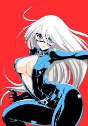 Rule 34 | 1girl, animification, aoiakira553, black cat (marvel), blue eyes, bodysuit, breasts, center opening, choker, cleavage, felicia hardy, female focus, full-length zipper, large breasts, long hair, marvel, mask, midriff, navel, red background, skin tight, solo, underboob, unzipped, white hair, zipper