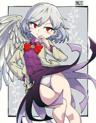 Rule 34 | 1girl, angel wings, arrow (symbol), blush, bow, bow panties, brooch, chichibu (watson), closed mouth, collared shirt, ears, hair between eyes, hand on own hip, hand to own mouth, highres, jewelry, kishin sagume, legs, long sleeves, looking at viewer, nose, panties, pantyshot, red eyes, shirt, short hair, single wing, skirt, smile, solo, thigh gap, thighs, touhou, underwear, white hair, white panties, wings