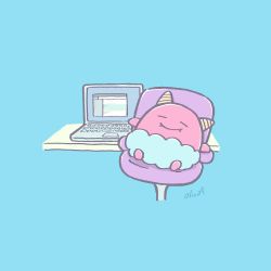 Rule 34 | artist name, blue background, chair, chibi, closed mouth, computer, closed eyes, fangs, high chair, highres, horns, laptop, no humans, olivia (shkm2443), oni, oni horns, original, relaxing, simple background, sitting, smile, table, window (computing)