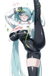 1girl :d aqua_hair arms_up asymmetrical_bodysuit black_bodysuit black_gloves blush bodysuit boots breasts commentary_request cropped_jacket dotthebot facing_viewer feet_out_of_frame flexible gloves goodsmile_racing green_gloves hand_on_own_leg hatsune_miku highres huge_breasts jacket leg_lift leg_up long_hair long_sleeves open_mouth racing_miku racing_miku_(2022) salute simple_background single_thigh_boot skindentation smile solo sparkle split standing standing_on_one_leg standing_split thigh_boots thighs twintails two-finger_salute two-tone_gloves very_long_hair vocaloid white_background white_jacket