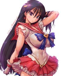 Rule 34 | 1girl, adapted costume, alternate breast size, amania orz, back bow, bishoujo senshi sailor moon, black hair, blue bow, bow, breasts, brooch, choker, circlet, commentary request, covered navel, earrings, elbow gloves, gloves, heart, heart brooch, highres, hino rei, impossible clothes, inner senshi, jewelry, large breasts, leotard, long hair, looking at viewer, pleated skirt, purple eyes, red choker, red sailor collar, sailor collar, sailor mars, sailor senshi, sailor senshi uniform, shiny skin, simple background, skin tight, skirt, solo, standing, star (symbol), star choker, white background, white gloves, white leotard