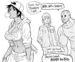 Rule 34 | 1girl, 2boys, abs, asymmetrical arms, backwards hat, bad id, baseball cap, bb (baalbuddy), breasts, blowing bubbles, chewing gum, cleavage, commentary, coomer (meme), dark-skinned female, dark skin, english commentary, english text, facial hair, greyscale, hand in pocket, hat, highres, hood, hood down, hoodie, inactive account, large breasts, long hair, meme, midriff, monochrome, multiple boys, muscular, muscular female, muscular male, navel, open clothes, open hoodie, original, short hair, speech bubble, sports bra, stubble, tomboy, truth, wojak