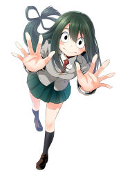 Rule 34 | 10s, 1girl, asui tsuyu, black eyes, blush stickers, boku no hero academia, bow-shaped hair, closed mouth, frog girl, full body, green hair, hair rings, highres, ishima yuu, long hair, looking at viewer, necktie, outstretched hand, pleated skirt, red necktie, school uniform, simple background, skirt, smile, solo, white background