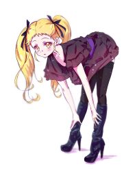 Rule 34 | 1girl, bent over, black dress, black footwear, black ribbon, black thighhighs, blonde hair, blush, boots, collarbone, dress, full body, hair ribbon, high heel boots, high heels, jewelry, kasugano urara (yes! precure 5), knee boots, kyoutsuugengo, long hair, open mouth, precure, ribbon, ring, short dress, short sleeves, simple background, solo, thighhighs, twintails, very long hair, white background, yellow eyes, yes! precure 5