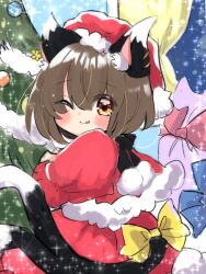 Rule 34 | 1girl, ;q, alternate costume, animal ear fluff, animal ears, blush, bow, brown eyes, brown hair, capelet, cat ears, cat tail, chen, christmas tree, commentary request, forked tail, fur trim, hand up, hat, highres, nekomata, ol07469724, one eye closed, red capelet, santa costume, santa hat, sleeves past fingers, sleeves past wrists, solo, sparkle, tail, tail bow, tail ornament, tongue, tongue out, touhou, yellow bow
