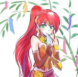 Rule 34 | 1girl, bamboo, bamboo shoot, check commentary, commentary request, dress, gloves, green eyes, iesupa, navel, ponytail, pyrrha nikos, red hair, rwby, smile, solo, strapless, strapless dress, tanabata