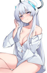 Rule 34 | 1girl, absurdres, bare shoulders, blue archive, breasts, cleavage, grey hair, highres, large breasts, long hair, noa (blue archive), purple eyes, shirt, smile, solo, white shirt, ziro (zirorong)