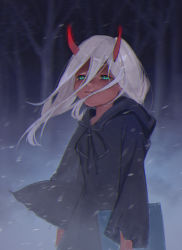 Rule 34 | 10s, 1girl, absurdres, ashi931225, black robe, book, colored skin, darling in the franxx, forest, green eyes, hair between eyes, highres, holding, holding book, horns, long hair, long sleeves, looking at viewer, nature, red skin, robe, silver hair, snow, snowing, solo, spoilers, standing, wind, winter, aged down, zero two (darling in the franxx)