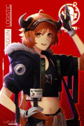 Rule 34 | 1girl, absurdres, ahoge, arknights, arm up, black gloves, blush, brown hair, croissant (arknights), crop top, fang, gloves, hand on own hip, highres, id card, looking at viewer, lufi ays, multicolored clothes, multicolored gloves, navel, open mouth, red background, short hair, smile, solo, teeth, upper teeth only, white gloves, yellow eyes