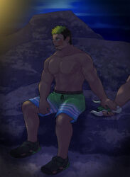 Rule 34 | 2boys, abs, alternate costume, bara, black hair, blush, casual, couple, dark-skinned male, dark skin, facial hair, full body, goatee, green hair, green shorts, holding hands, ikusaba daisuke, large pectorals, looking to the side, male focus, multicolored hair, multiple boys, muscular, muscular male, nipples, pectorals, revision, rock, sandals, shoes, short hair, shorts, shy, smile, sneakers, solo focus, stomach, tokyo houkago summoners, topless male, tsuna (so da77), two-tone hair, yaoi