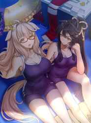 2girls ahoge animal_ears bare_arms bare_shoulders biwa_hayahide_(umamusume) black_hair blanket breasts brown_eyes cleavage collarbone cooler day feet_out_of_frame glasses grey_hair hair_between_eyes hair_intakes highres horse_ears horse_girl horse_tail innertube jacket kuzumochi_(kuzumochiya) large_breasts long_hair multiple_girls narita_brian_(umamusume) one-piece_swimsuit outdoors ponytail purple_one-piece_swimsuit red-framed_eyewear red_jacket semi-rimless_eyewear sitting swim_ring swimsuit tail track_jacket umamusume under-rim_eyewear unworn_jacket v-shaped_eyebrows very_long_hair