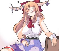 Rule 34 | 1girl, :q, absurdres, alternate breast size, blush, bow, breasts, brown horns, chain, closed eyes, closed mouth, commentary request, cowboy shot, hair bow, highres, horns, ibuki suika, impossible clothes, impossible shirt, kashiwara mana, large breasts, long hair, low-tied long hair, orange hair, purple skirt, red bow, shirt, simple background, skirt, sleeveless, sleeveless shirt, smile, solo, tongue, tongue out, touhou, very long hair, white background, white shirt, wrist cuffs