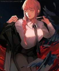 Rule 34 | 1girl, bird, black background, black jacket, black necktie, black pants, black suit, braid, chainsaw man, collared shirt, commentary, cowboy shot, crow, feathers, formal, highres, jacket, lanhacy, leaning forward, long hair, looking to the side, makima (chainsaw man), necktie, pants, patreon username, red hair, red pupils, removing jacket, shirt, side braid, single braid, smile, solo, standing, suit, white shirt, yellow eyes