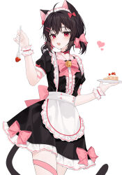 Rule 34 | 1girl, absurdres, ahoge, animal ears, apron, black dress, black hair, bow, bowtie, cake, cat ears, cat girl, colored inner animal ears, commentary, commission, dress, english commentary, fang, food, fork, frilled apron, frills, fruit, hair between eyes, hair bow, heart, highres, holding, holding fork, holding plate, looking at viewer, maid, maid apron, maid headdress, medium hair, multiple hairpins, open mouth, original, pink bow, pixiv commission, plate, red bow, red eyes, short sleeves, simple background, skin fang, solo, strawberry, strawberry shortcake, waist apron, white apron, white background, xiao lin jiu
