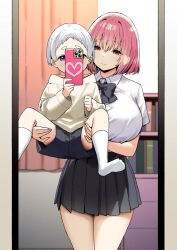 Rule 34 | 1boy, 1girl, age difference, akane (sky-freedom), black bow, black bowtie, black shorts, black skirt, bow, bowtie, breasts, carrying, cellphone, child, closed mouth, commentary request, highres, holding, holding phone, huge breasts, looking at another, onee-shota, original, phone, pink hair, pleated skirt, purple eyes, red eyes, school uniform, selfie, shirt, short hair, short sleeves, shorts, size difference, skirt, sky-freedom, smile, socks, standing, sweater, thighs, white hair, white shirt, white socks, white sweater