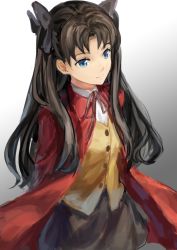 Rule 34 | 1girl, blue eyes, brown hair, coat, fate/stay night, fate (series), hair ribbon, highres, jacket, long hair, red jacket, ribbon, shuang ye, solo, tohsaka rin, two side up